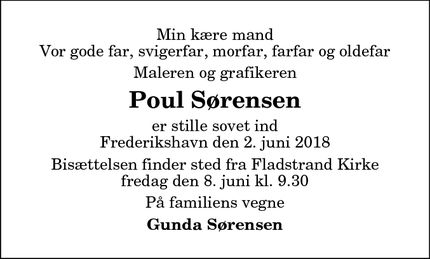 Dødsannoncen for Poul Sørensen - Frederikshavn