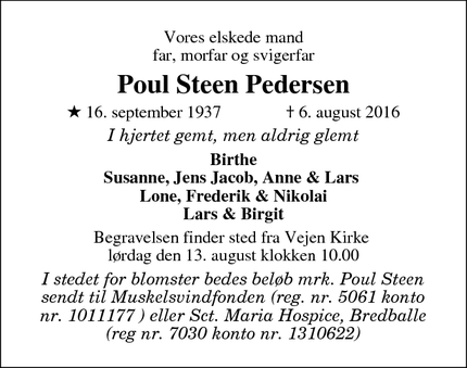 Dødsannoncen for Poul Steen Pedersen - Vejen, Danmark