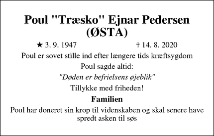 Dødsannoncen for Poul "Træsko" Ejnar Pedersen (ØSTA) - Svendborg 