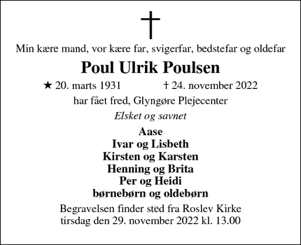Dødsannoncen for Poul Ulrik Poulsen - Roslev