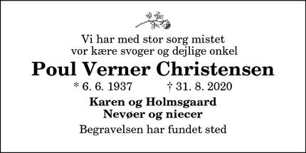 Dødsannoncen for Poul Verner Christensen - Brovst