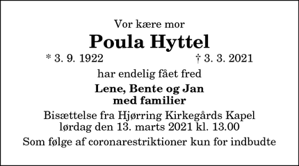 Dødsannoncen for Poula Hyttel - Hjørring