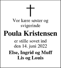 Dødsannoncen for Poula Kristensen - Hvide Sande 