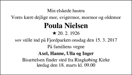Dødsannoncen for Poula Nielsen - Ringkøbing
