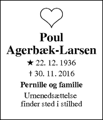 Dødsannoncen for Poul
Agerbæk-Larsen - Høruphav