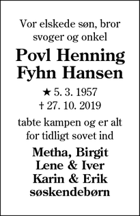 Dødsannoncen for Povl Henning
Fyhn Hansen - AGERSKOV
