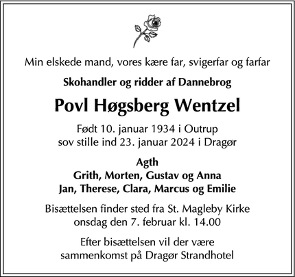 Dødsannoncen for Povl Høgsberg Wentzel - Dragør