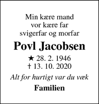 Dødsannoncen for Povl Jacobsen - Vallensbæk