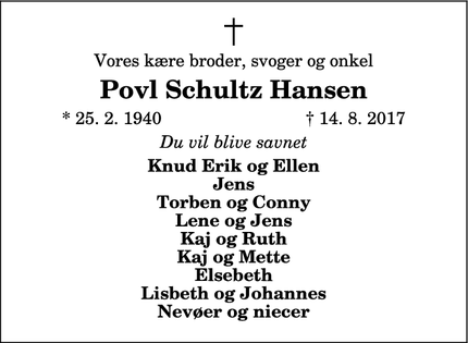 Dødsannoncen for Povl Schultz Hansen - Nibe