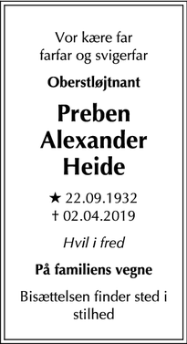 Dødsannoncen for Preben Alexander Heide - Hvidovre