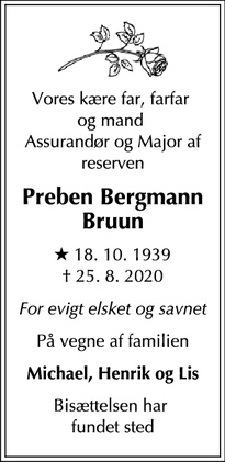 Dødsannoncen for Preben Bergmann Bruun  - Frederiksberg