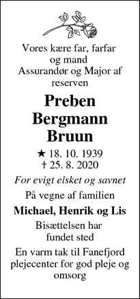 Dødsannoncen for Preben Bergmann Bruun  - Frederiksberg