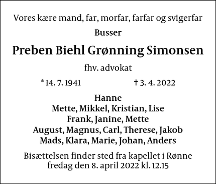 Dødsannoncen for Preben Biehl Grønning Simonsen - København Ø