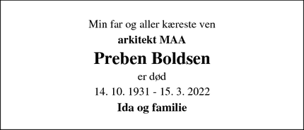 Dødsannoncen for Preben Boldsen - Farum