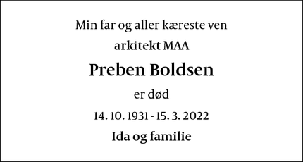 Dødsannoncen for Preben Boldsen - Farum