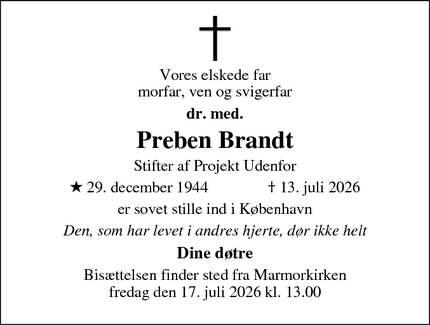 Dødsannoncen for Preben Brandt - Frederiksberg