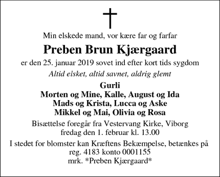 Dødsannoncen for Preben Brun Kjærgaard - Viborg