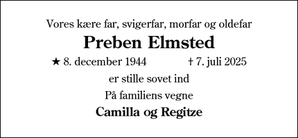 Dødsannoncen for Preben Elmsted - Lyngby / Kolding