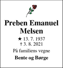 Dødsannoncen for Preben Emanuel
Melsen - Århus