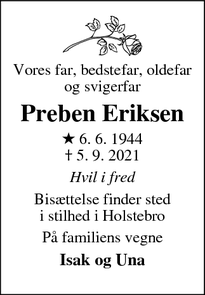 Dødsannoncen for Preben Eriksen - Holstebro