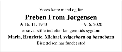 Dødsannoncen for Preben From Jørgensen - Alsønderup