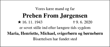 Dødsannoncen for Preben From Jørgensen - Alsønderup