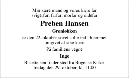 Dødsannoncen for Preben Hansen - Bogense
