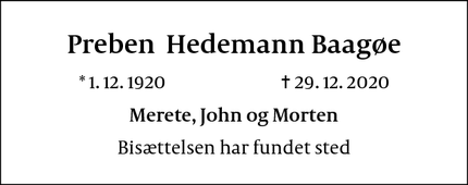 Dødsannoncen for Preben  Hedemann Baagøe - Aalborg SV