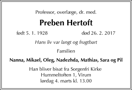 Dødsannoncen for Preben Hertoft - Kongens Lyngby