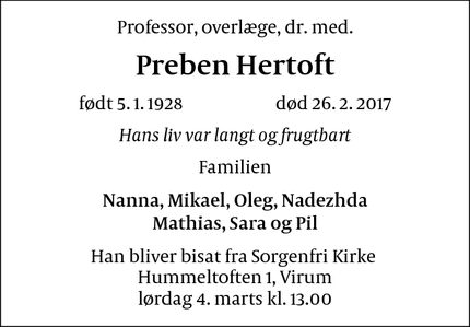 Dødsannoncen for Preben Hertoft - Kongens Lyngby