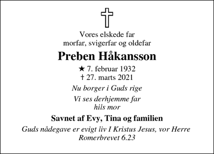 Dødsannoncen for Preben Håkansson - Allerød
