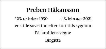 Dødsannoncen for Preben Håkansson - Birkerød