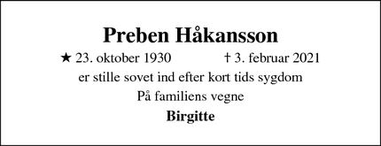 Dødsannoncen for Preben Håkansson - Birkerød