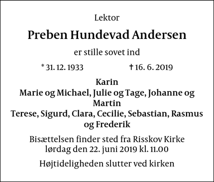 Dødsannoncen for Preben Hundevad Andersen - Aarhus