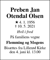 Dødsannoncen for Preben Jan
Otendal Olsen - Lillerød