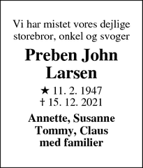 Dødsannoncen for Preben John
Larsen - Varde