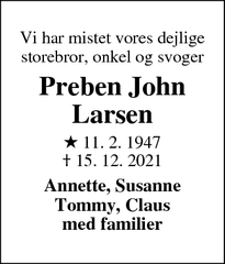 Dødsannoncen for Preben John
Larsen - Varde