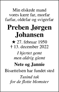 Dødsannoncen for Preben Jørgen
Johansen - Vordingborg