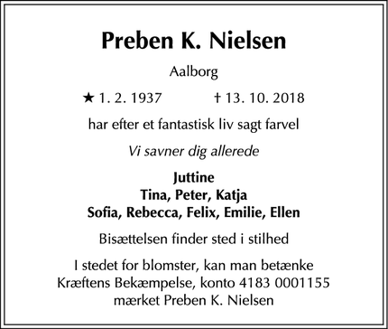 Dødsannoncen for Preben K. Nielsen - Aalborg