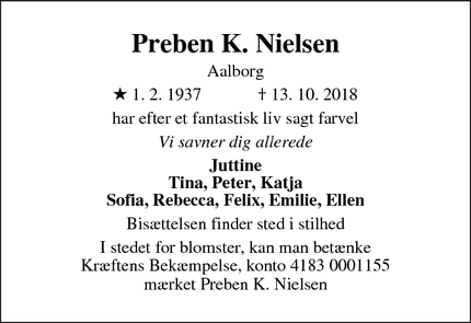 Dødsannoncen for Preben K. Nielsen - Aalborg