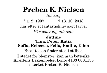 Dødsannoncen for Preben K. Nielsen - Aalborg