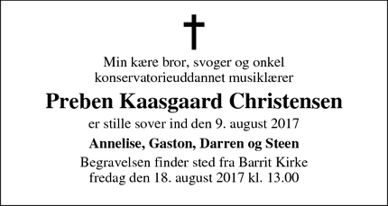 Dødsannoncen for Preben Kaasgaard Christensen - Staksrode