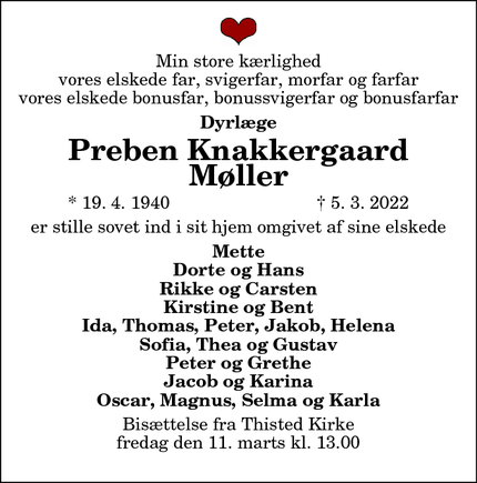 Dødsannoncen for Preben Knakkergaard Møller - Thisted
