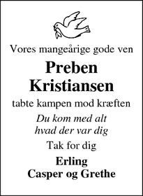 Dødsannoncen for Preben Kristiansen - Roslev