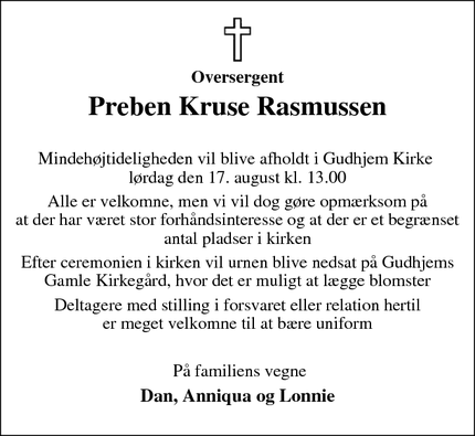 Dødsannoncen for Preben Kruse Rasmussen - Rønne