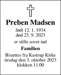 Dødsannoncen for Preben Madsen - Vordingborg 