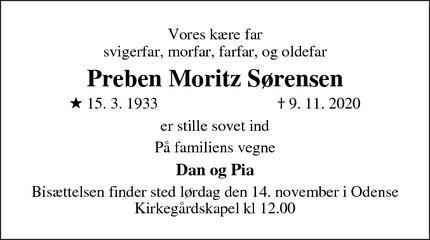 Dødsannoncen for Preben Moritz Sørensen - Odense