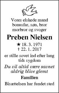 Dødsannoncen for Preben Nielsen - Hedehusene