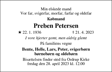 Dødsannoncen for Preben Petersen - Hedehusene
