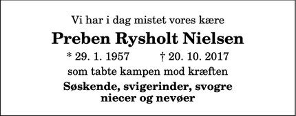 Dødsannoncen for Preben Rysholt Nielsen - 9900 frederikshavn 